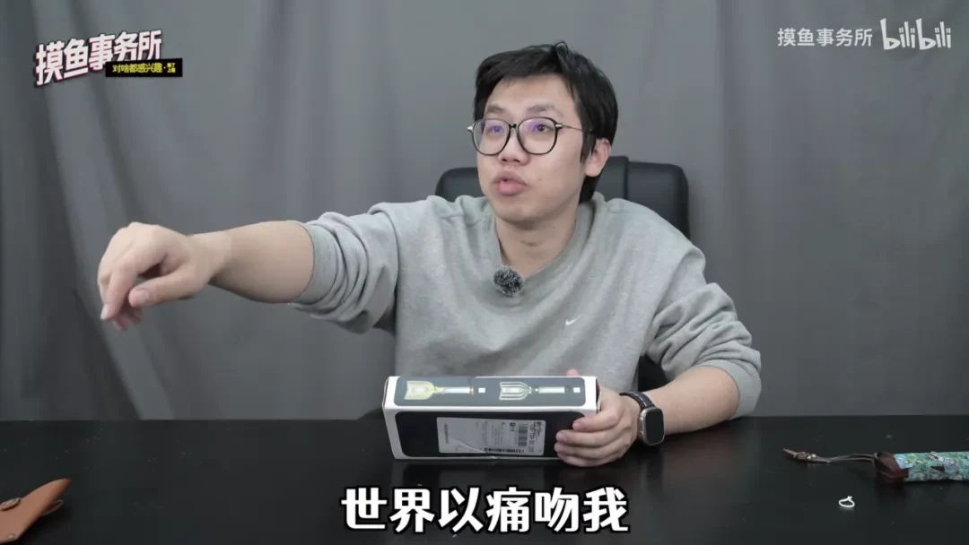 摸鱼事务所视频截图，字幕为“世界以痛吻我”