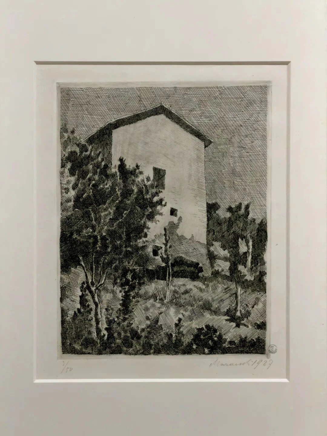 乔治·莫兰迪，《风景（格里扎纳的房屋）》，1927年V.Inc.n.32，锌版蚀刻。乌菲齐美术馆，佛罗伦萨